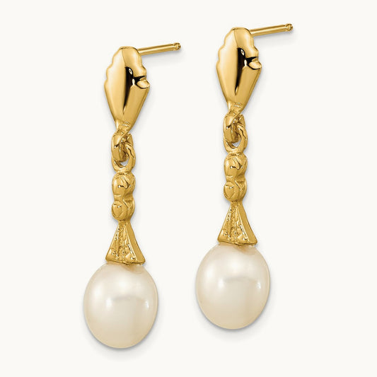 5- White Teardrop Freshwater Cultured Pearl Post Dangle Earrings, 6mm, 14K