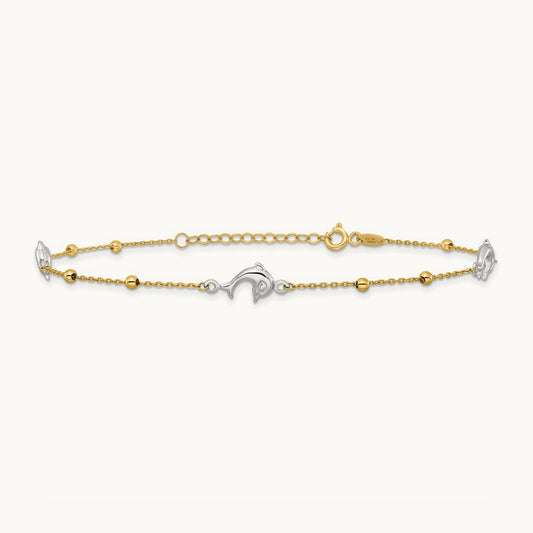 Polished Bead & Dolphin 9in Plus 1in ext Anklet, 14K Two-tone