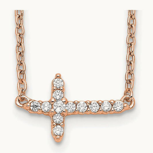Diamond Sideways Cross 18in Necklace, 14K Rose Gold
