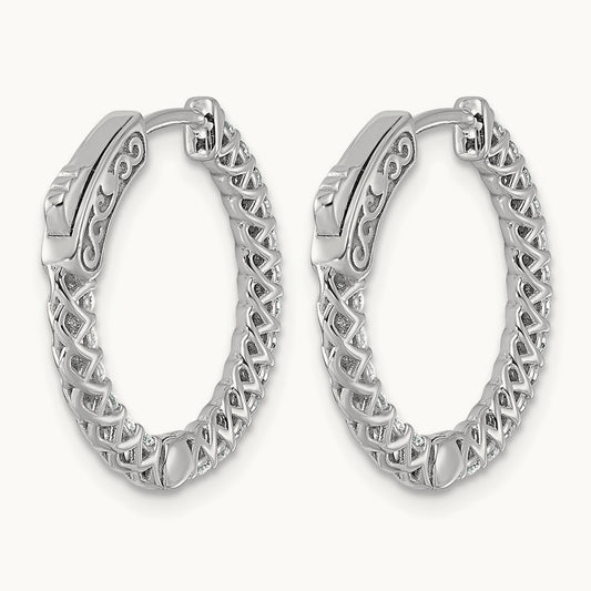 Diamond Round Hoop w/Safety Clasp Earrings, 14K White Gold