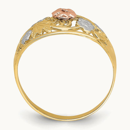 Tri- Color w/White Rhodium Floral Dome Ring, 14K