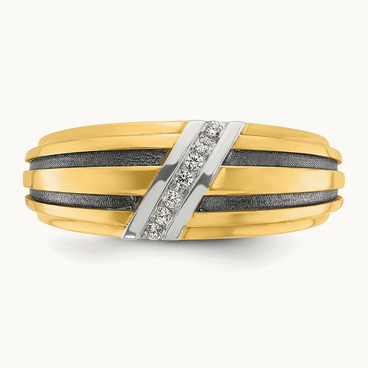 w/ White & Black RH IBGoodman Men's Satin Grooved Diamond Ring, 14K