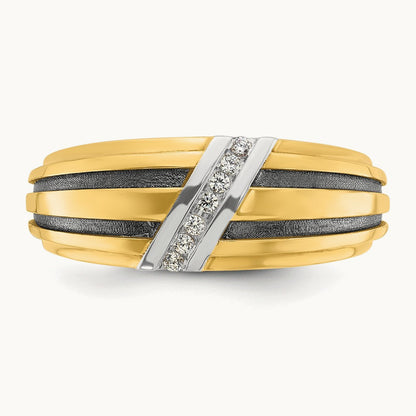 w/ White & Black RH IBGoodman Men's Satin Grooved Diamond Ring, 14K