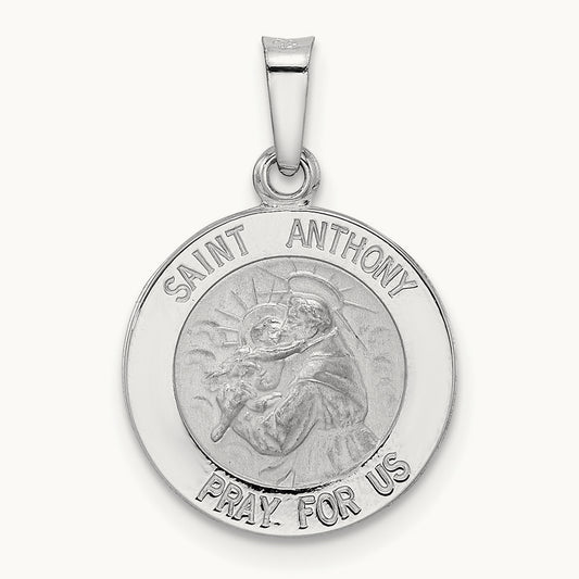 Polished and Satin Hollow St Anthony Medal Pendant, 14K White Gold