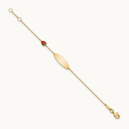 Enameled Strawberry Baby ID 5.5in w/.5 in Ext Bracelet, 14K