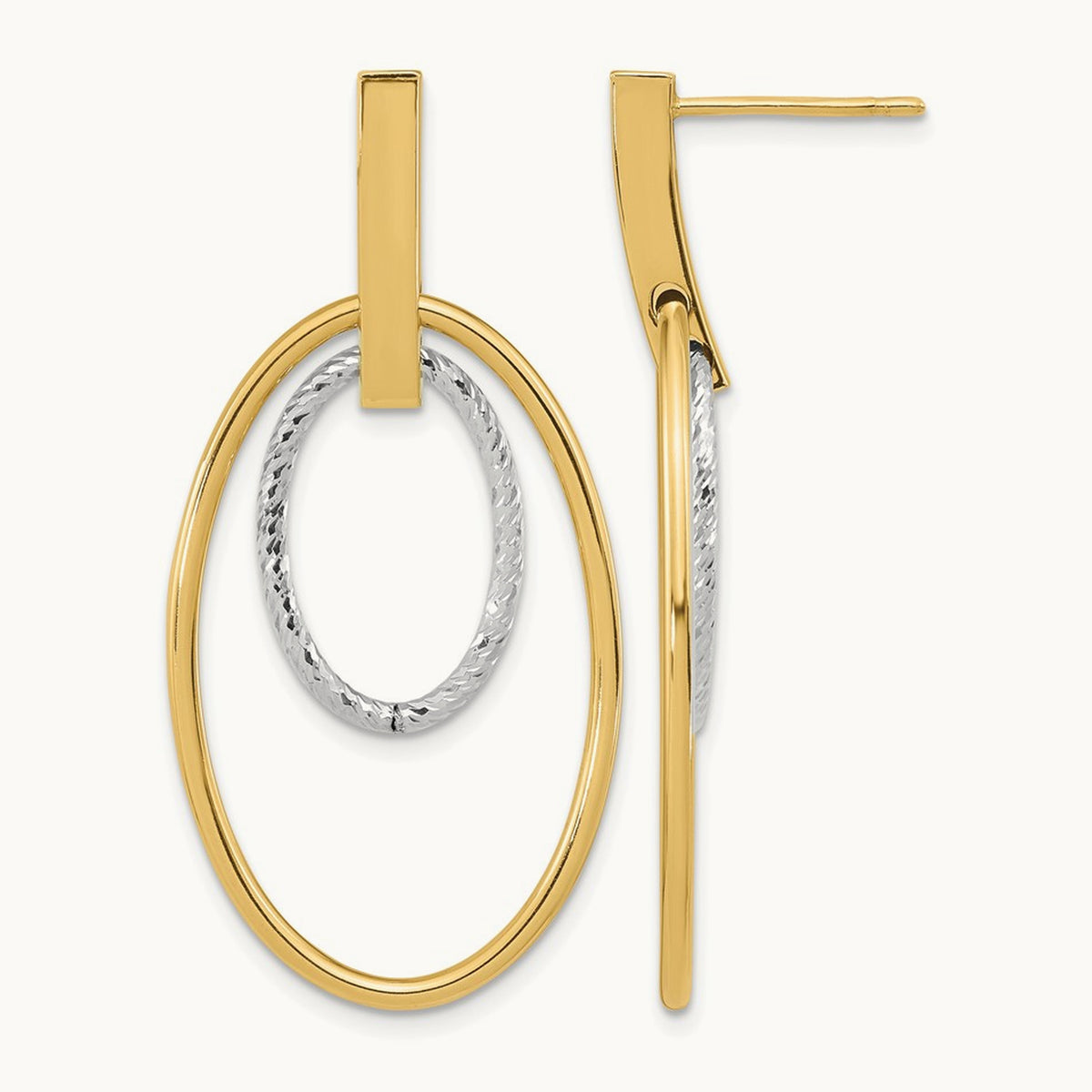 Polished Diamond Cut Post Dangle Earrings — 14K Two-Tone Gold