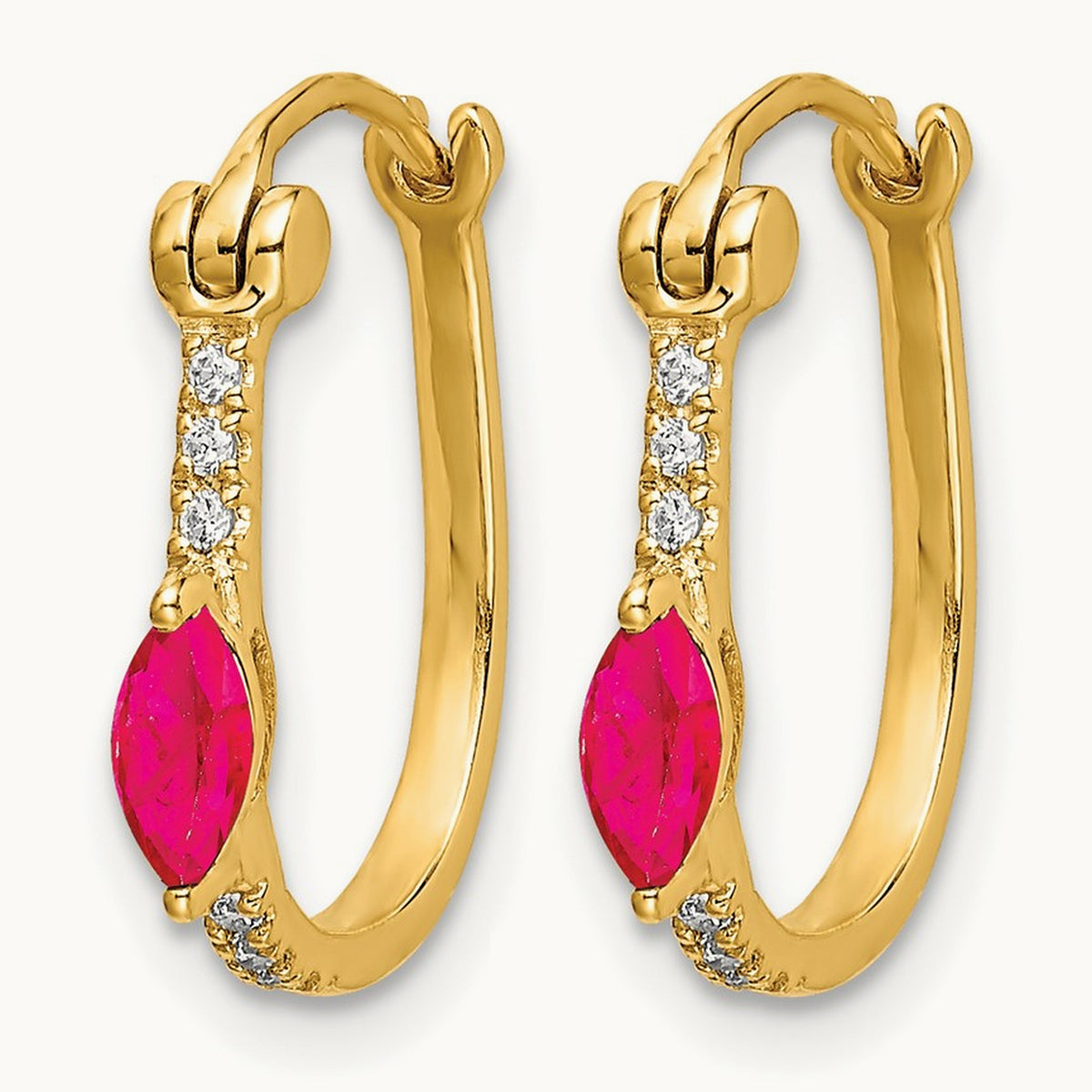 1/20ct Diamond and Ruby Oval Hoop Earrings, 14K