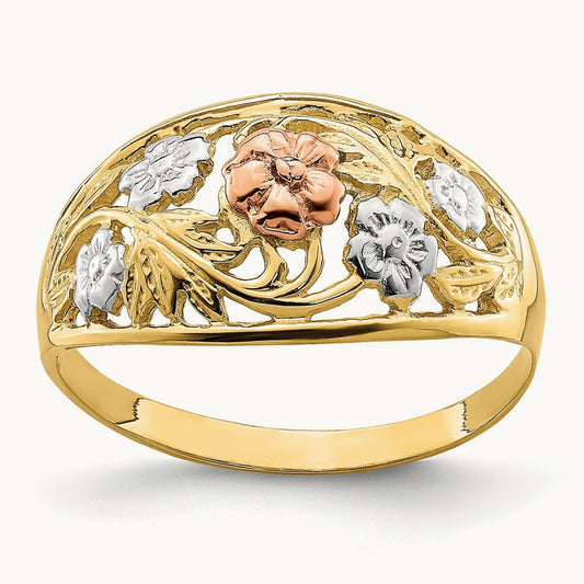 Tri- Color w/White Rhodium Floral Dome Ring, 14K