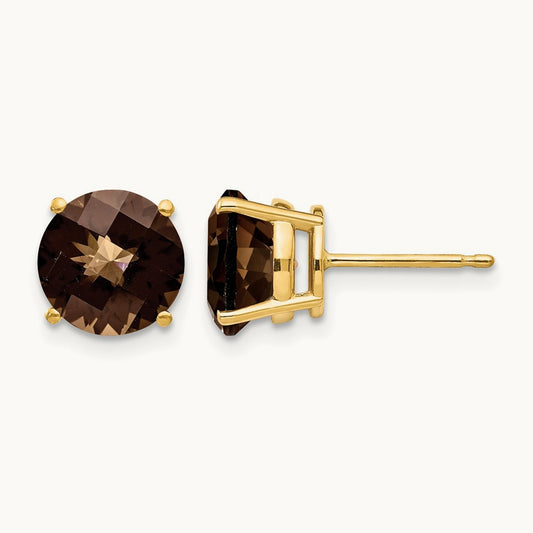 Round Checker-Cut Smoky Quartz Earrings, 8mm, 14K