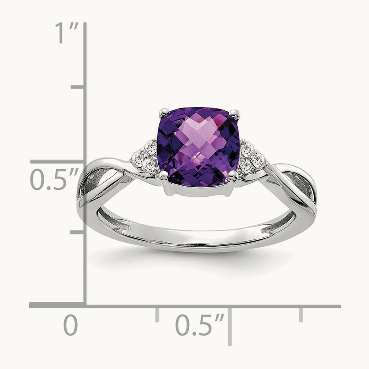Checkerboard Amethyst and Diamond Ring — 14K White Gold, 7