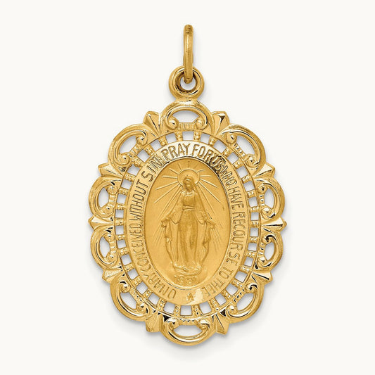 Solid Polished/Satin Fancy Pierced Oval Miraculous Medal — 27.85mm