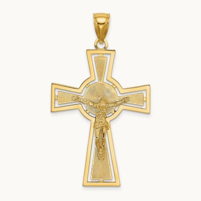 Cut-Out Crucifix W/ Center Circle Charm, 14K