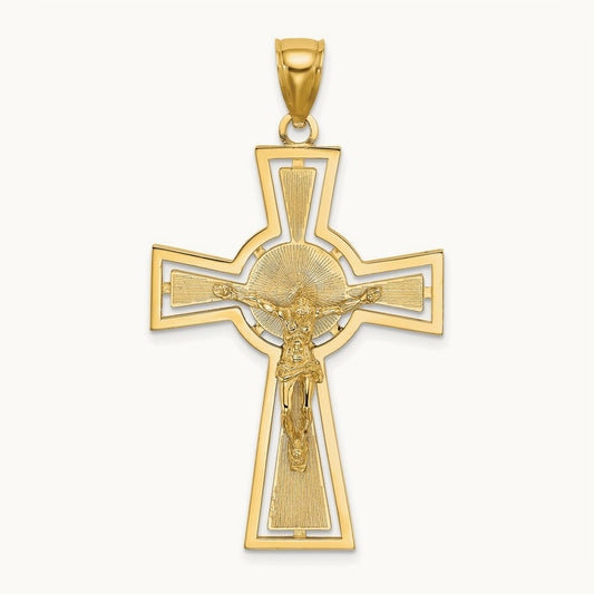 Cut-Out Crucifix W/ Center Circle Charm, 14K