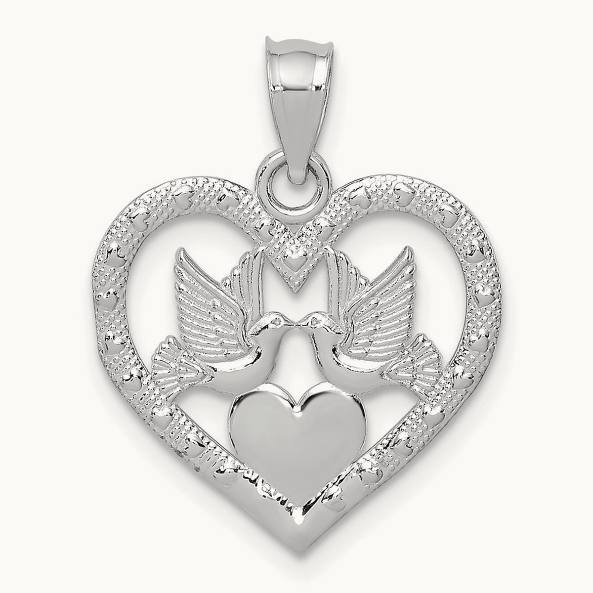 Doves In Heart Charm — 14K White Gold