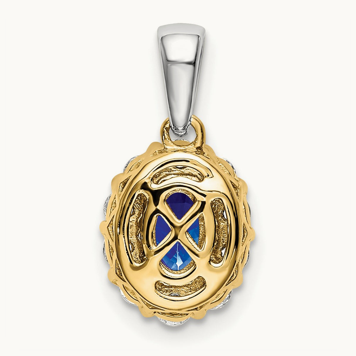Oval Sapphire and Diamond Halo Pendant — 14K Two-Tone Gold