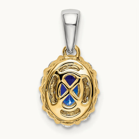Oval Sapphire and Diamond Halo Pendant — 14K Two-Tone Gold