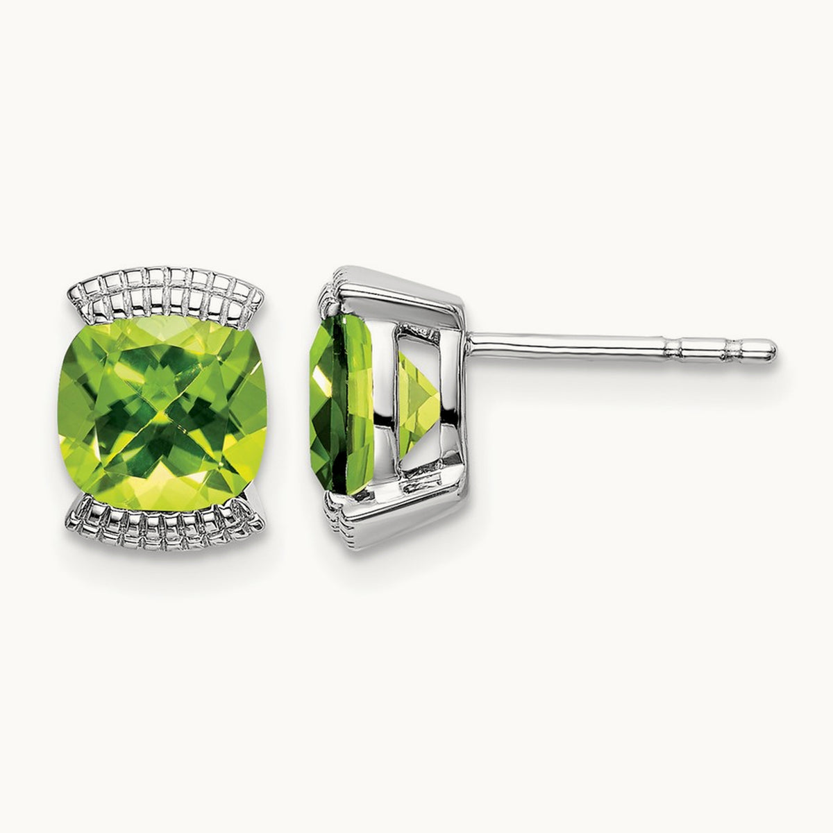 Peridot Post Earrings — 14K White Gold