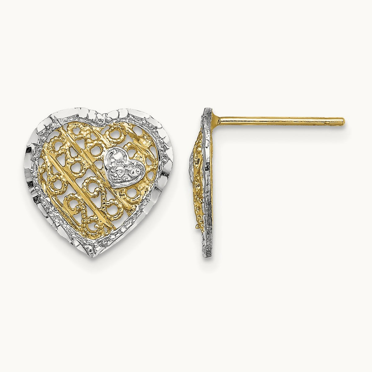 w/ RH Filigree Heart Post Earrings, 14K