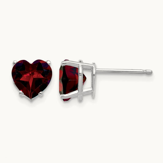 Heart Garnet Earrings, 7mm, 14K White Gold
