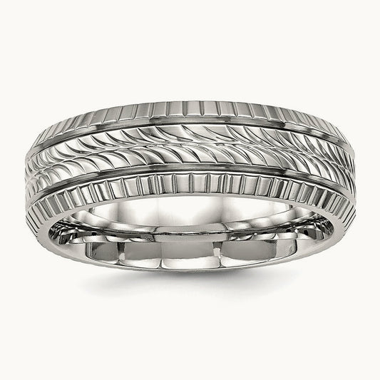 Polished and Textured Grooved Band, 7mm, Stainless Steel