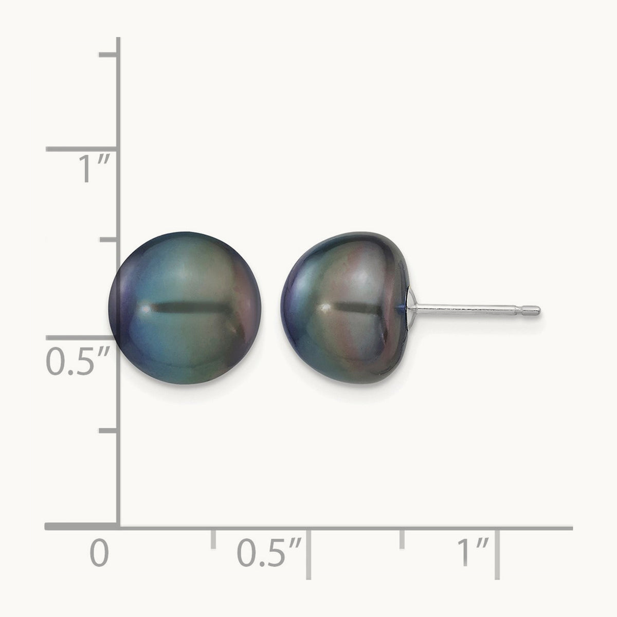 Black Button Freshwater Cultured Pearl Stud Post Earrings — 14K White Gold
