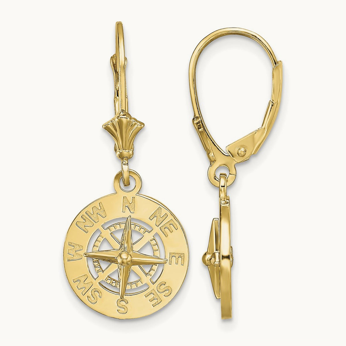Mini Nautical Compass Leverback Earrings, 14K