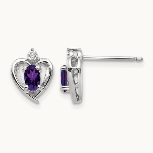 Amethyst and Diamond Heart Post Earrings, 14K White Gold