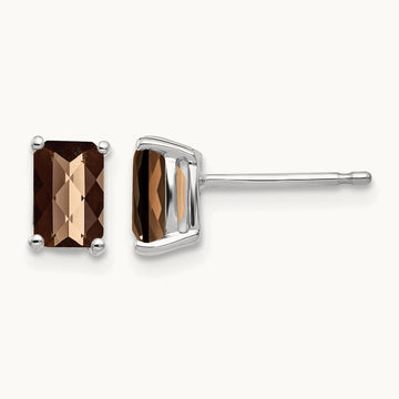 6x4mm Octagon Checker-Cut Smoky Quartz Earrings, 14K White Gold