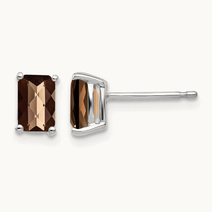 6x4mm Octagon Checker-Cut Smoky Quartz Earrings, 14K White Gold