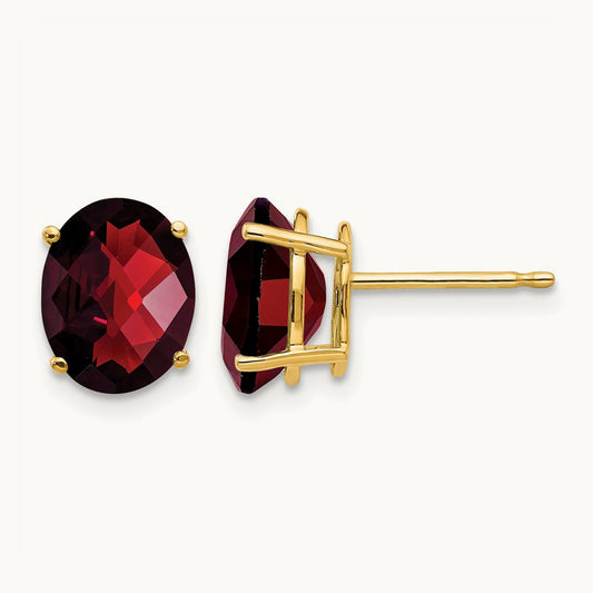 9x7mm Oval Garnet Checker Earrings, 14K