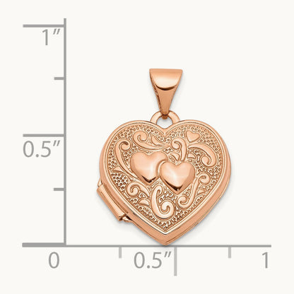 Textured Double Heart Scroll Design Heart Locket, 15mm, 14K Rose Gold