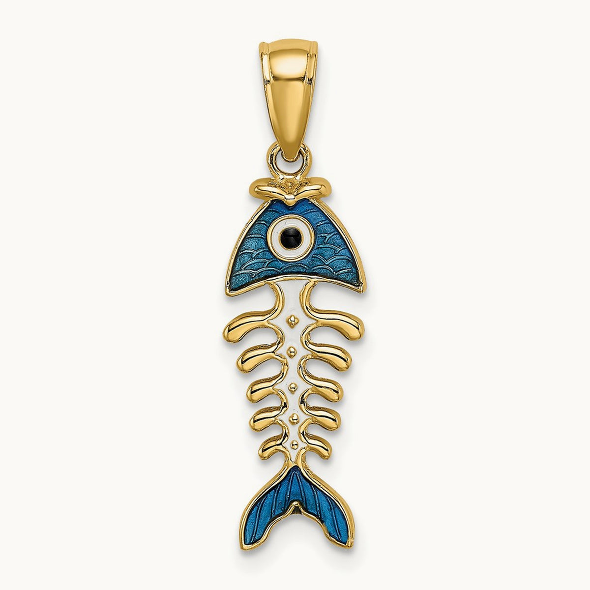 3D Blue Enamel Fish Bone Charm, 14K
