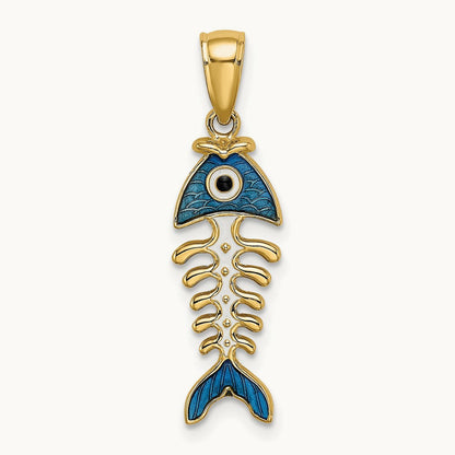 3D Blue Enamel Fish Bone Charm, 14K