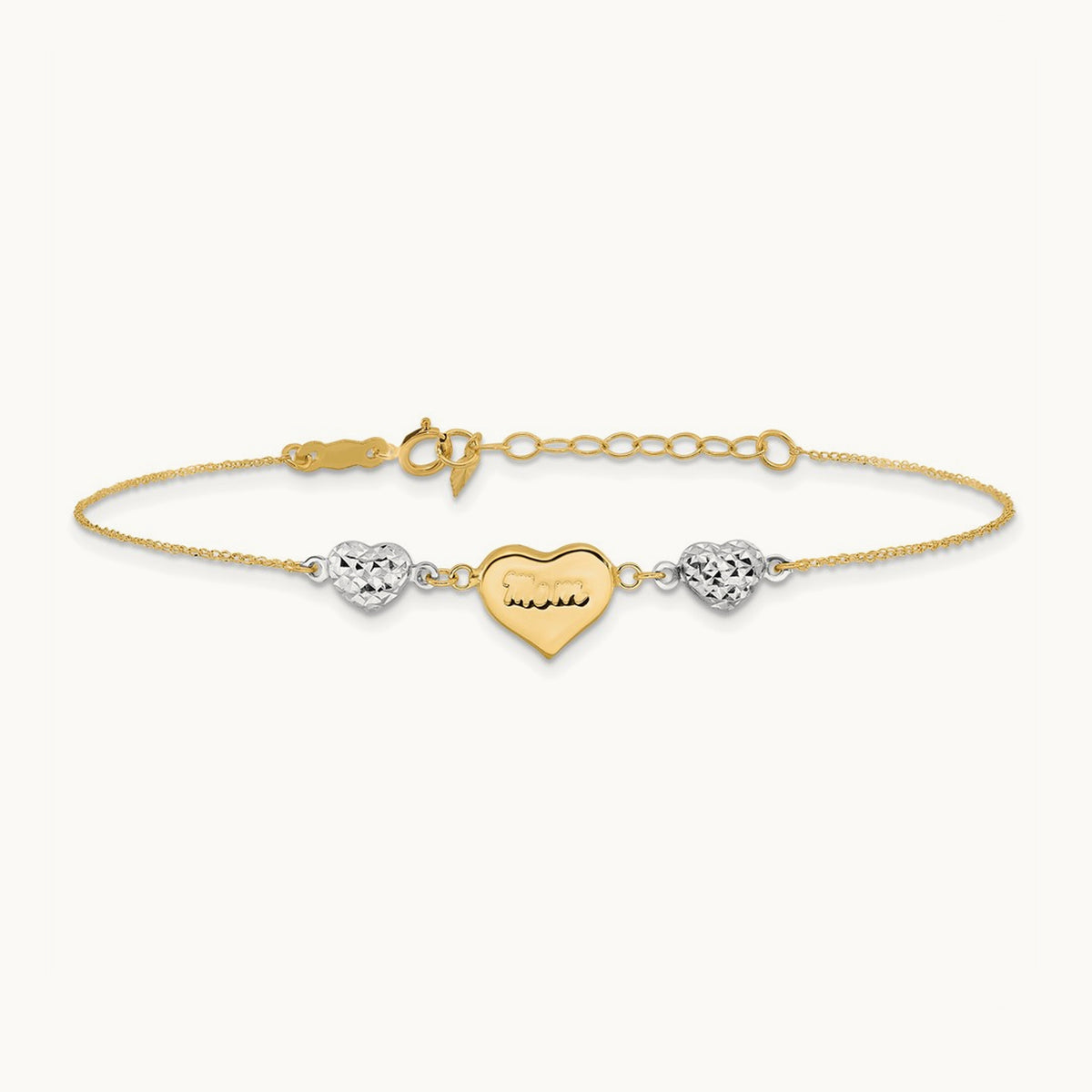 Puffed MOM Heart 7in w/ 1 In Ext Bracelet, 14K Two Tone
