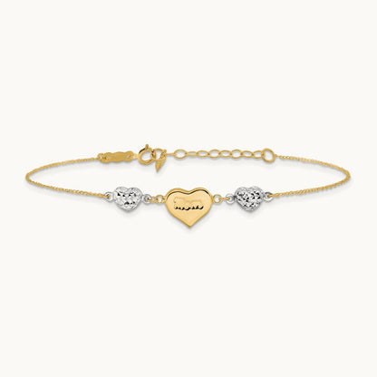 Puffed MOM Heart 7in w/ 1 In Ext Bracelet, 14K Two Tone