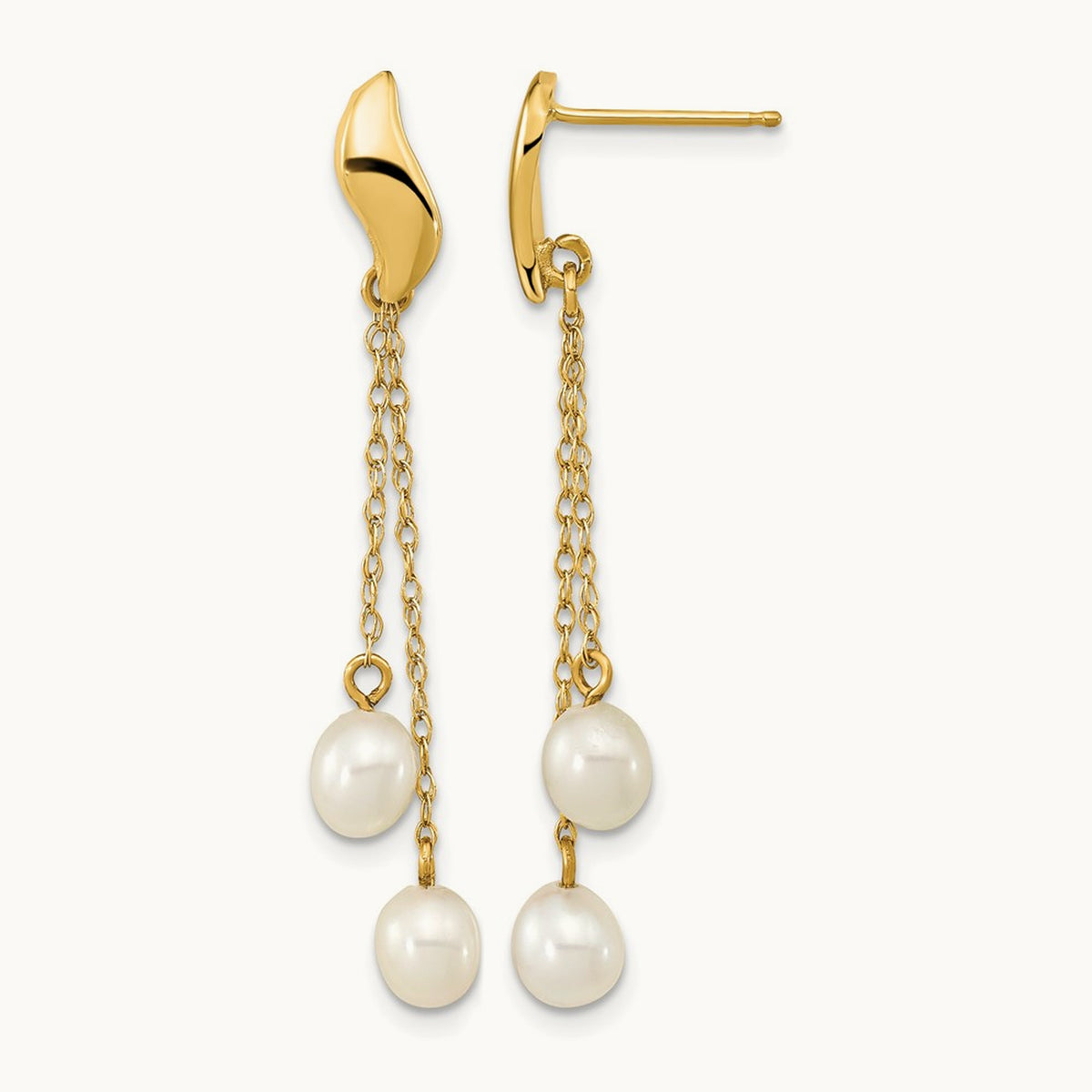 4- White Rice Freshwater Cultured Pearl Post Dangle Earrings, 5mm, 14K