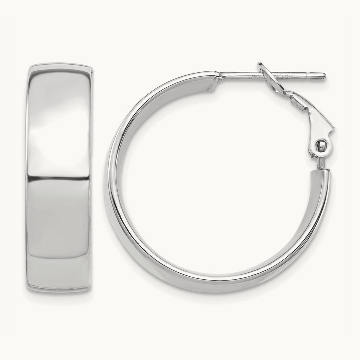 High Polished Omega Back Hoop Earrings — 14K White Gold, 7mm