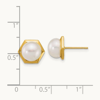 Polished 7- Button FW Cultured Pearl Hexagon Post Earrings, 8mm, 14K
