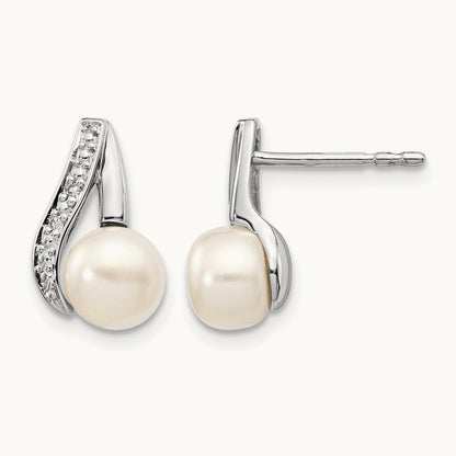 6- Button FWC Pearl .02ct Diamond Post Earrings, 7mm, 14K White Gold