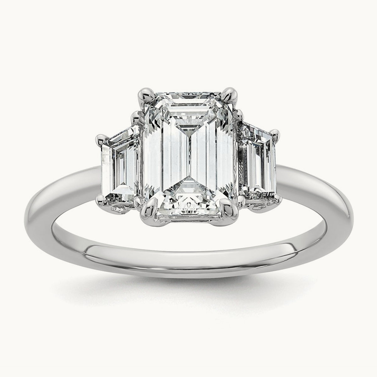 Emerald & Trapezoid Engagement Ring — 14K White Gold, 2 ct, 7