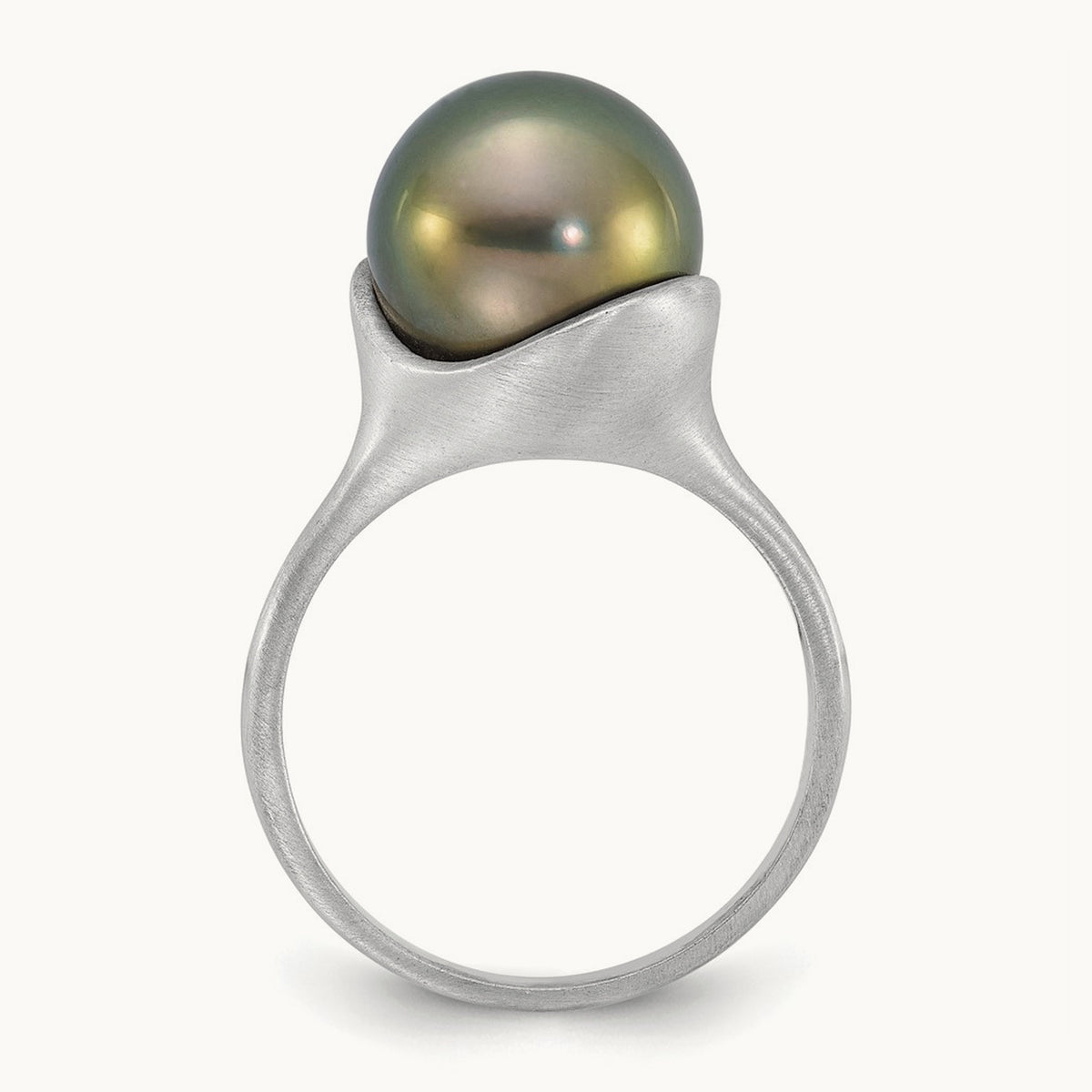 Brushed 10- Round Black Tahitian Pearl Ring, 11mm, 14K White Gold