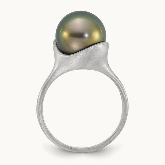 Brushed 10- Round Black Tahitian Pearl Ring, 11mm, 14K White Gold