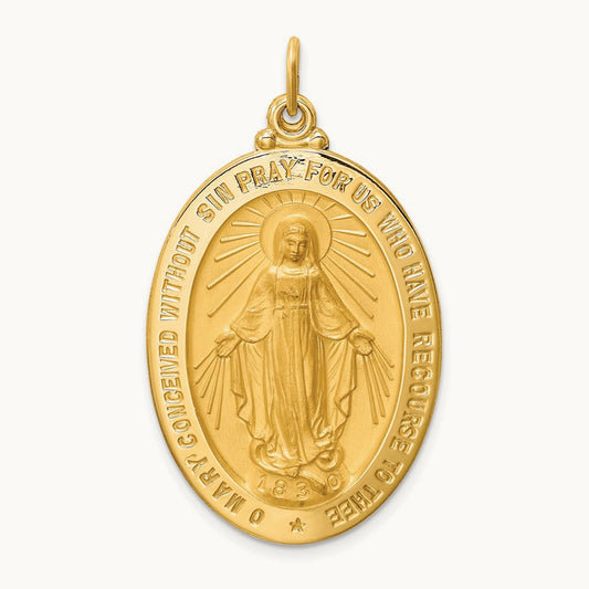 Solid Polished/Satin Large Oval Miraculous Medal, 14K