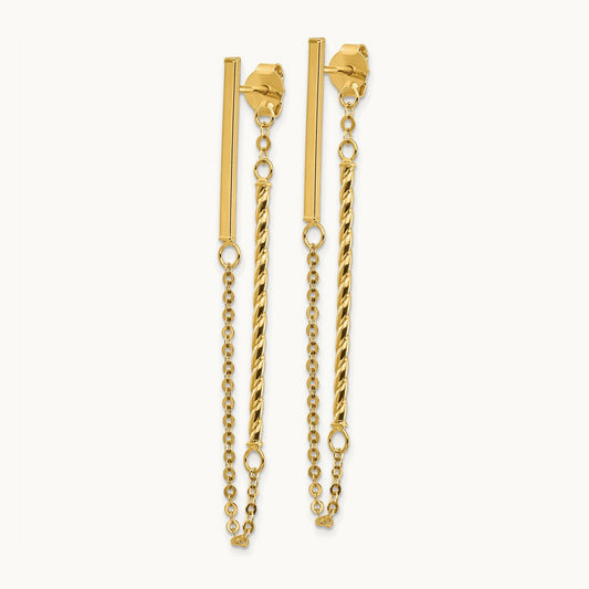 Polished and Twisted Bar w/Chain Post Earrings, 14K