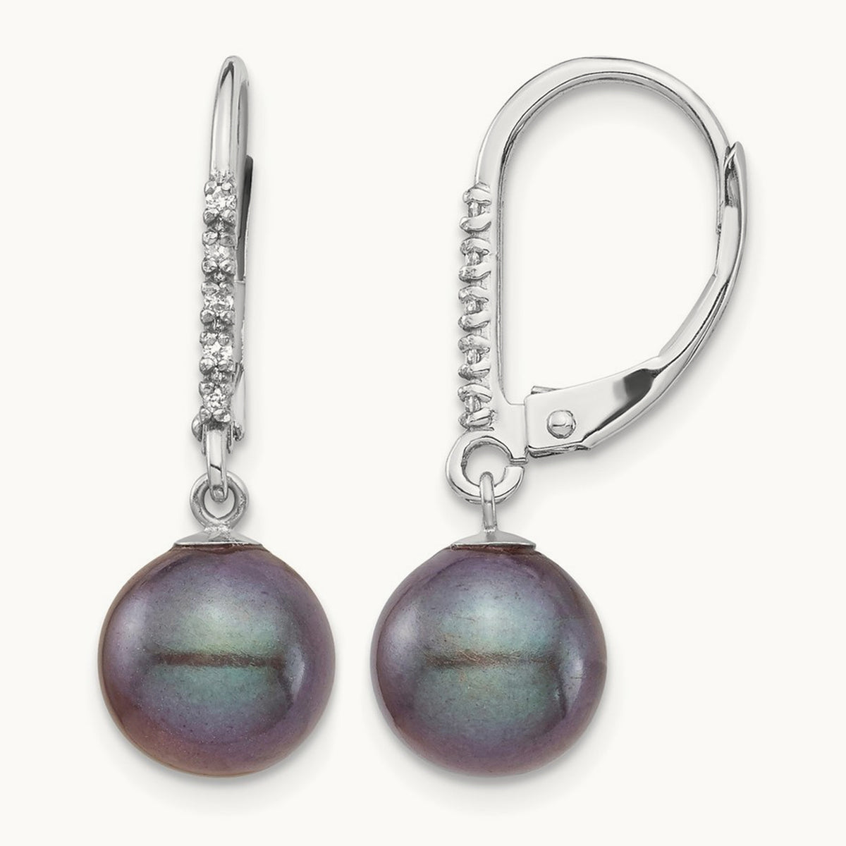 8- Black FWC Pearl .05ct Diamond Leverback Earrings, 9mm, 14K White Gold