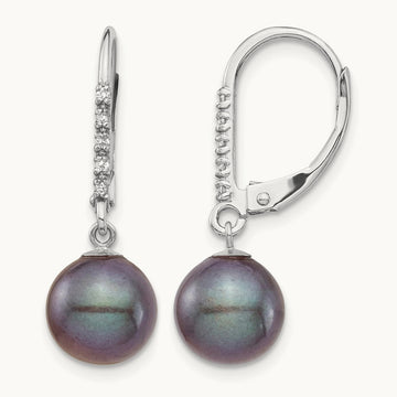 8- Black FWC Pearl .05ct Diamond Leverback Earrings, 9mm, 14K White Gold