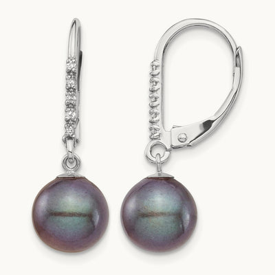 8- Black FWC Pearl .05ct Diamond Leverback Earrings, 9mm, 14K White Gold