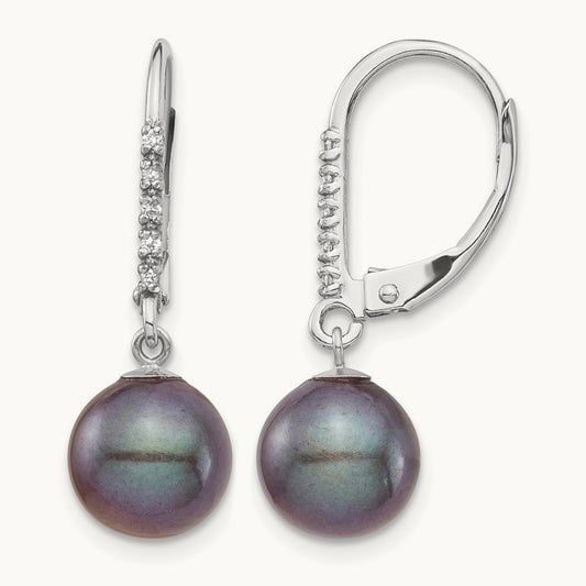 8- Black FWC Pearl .05ct Diamond Leverback Earrings, 9mm, 14K White Gold