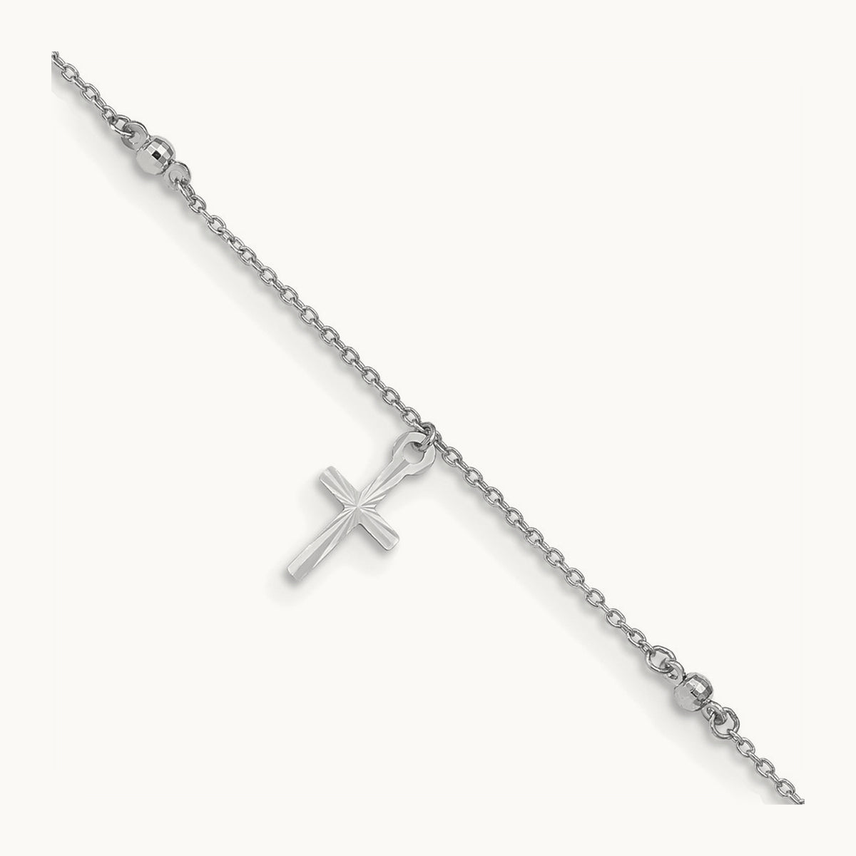 Polished and Diamond-cut Cross 9in Plus 1in extension Anklet — 14K White Gold