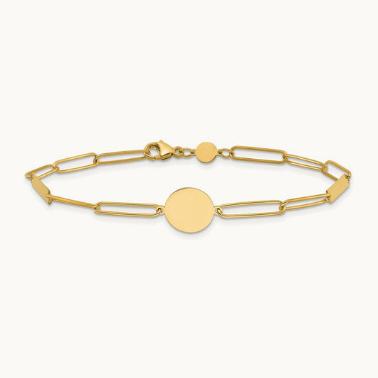 Polished Paperclip Link with Circle and Bar 8.25in Bracelet, 14K
